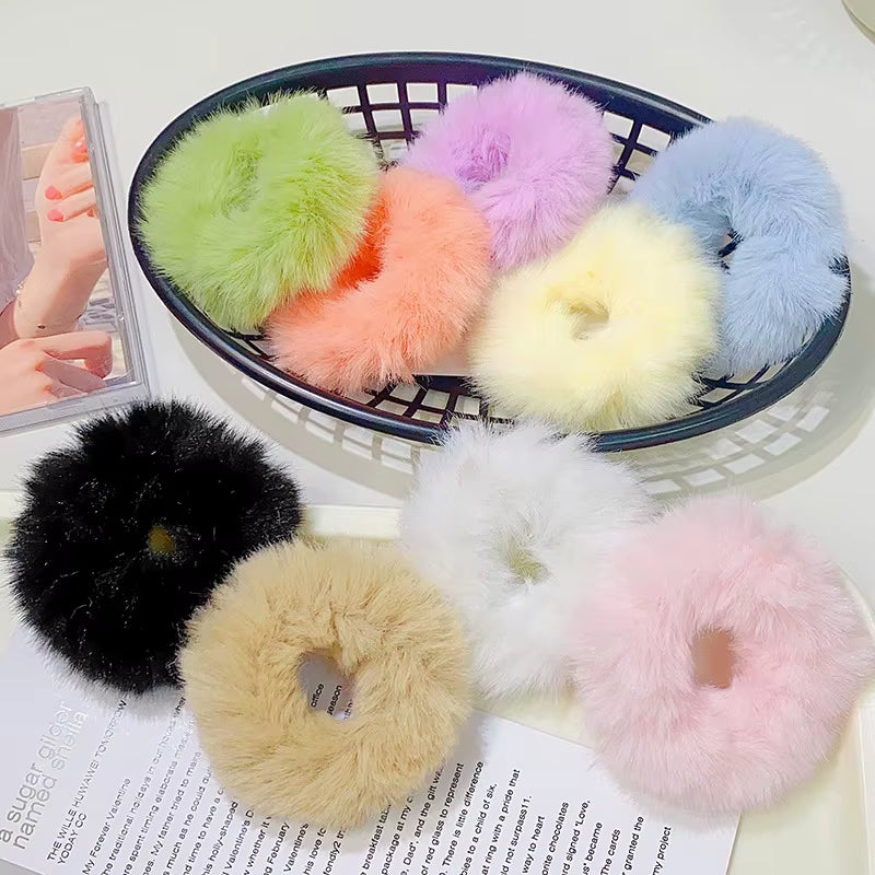 New Colorful Fluffy Hair Band for Women Girls Ponytail Holder Hair Tie Plush Scrunchie Rubber Band Fashion Hair Accessories