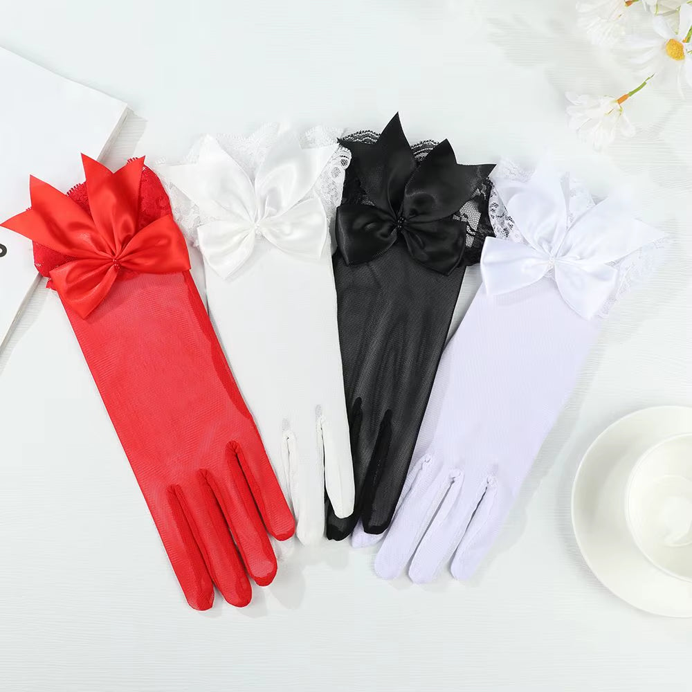 White Satin Bride Gloves Bowknot Lace Wedding Gloves Wedding Dress Gloves Etiquette Hand Wedding Dress Accessories