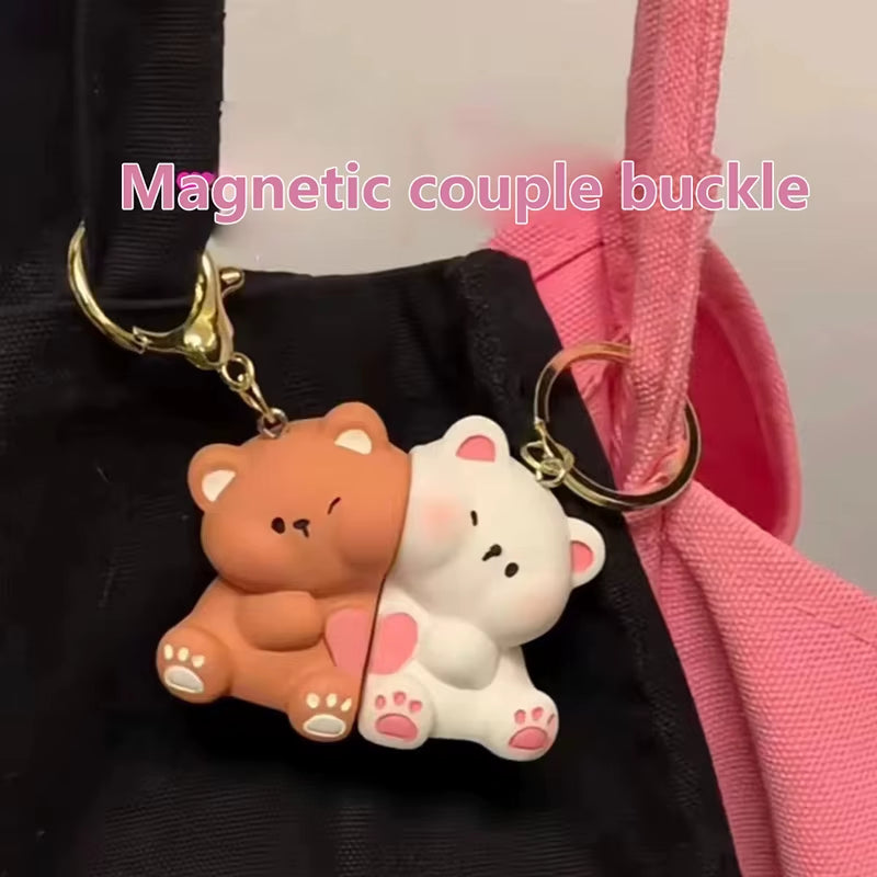 1Pair Cute Cartoon Love Bear Magnetic Suction Keychain Pendant Creative Bag Decoration Accessories Kawaii Couple Keyring Gifts