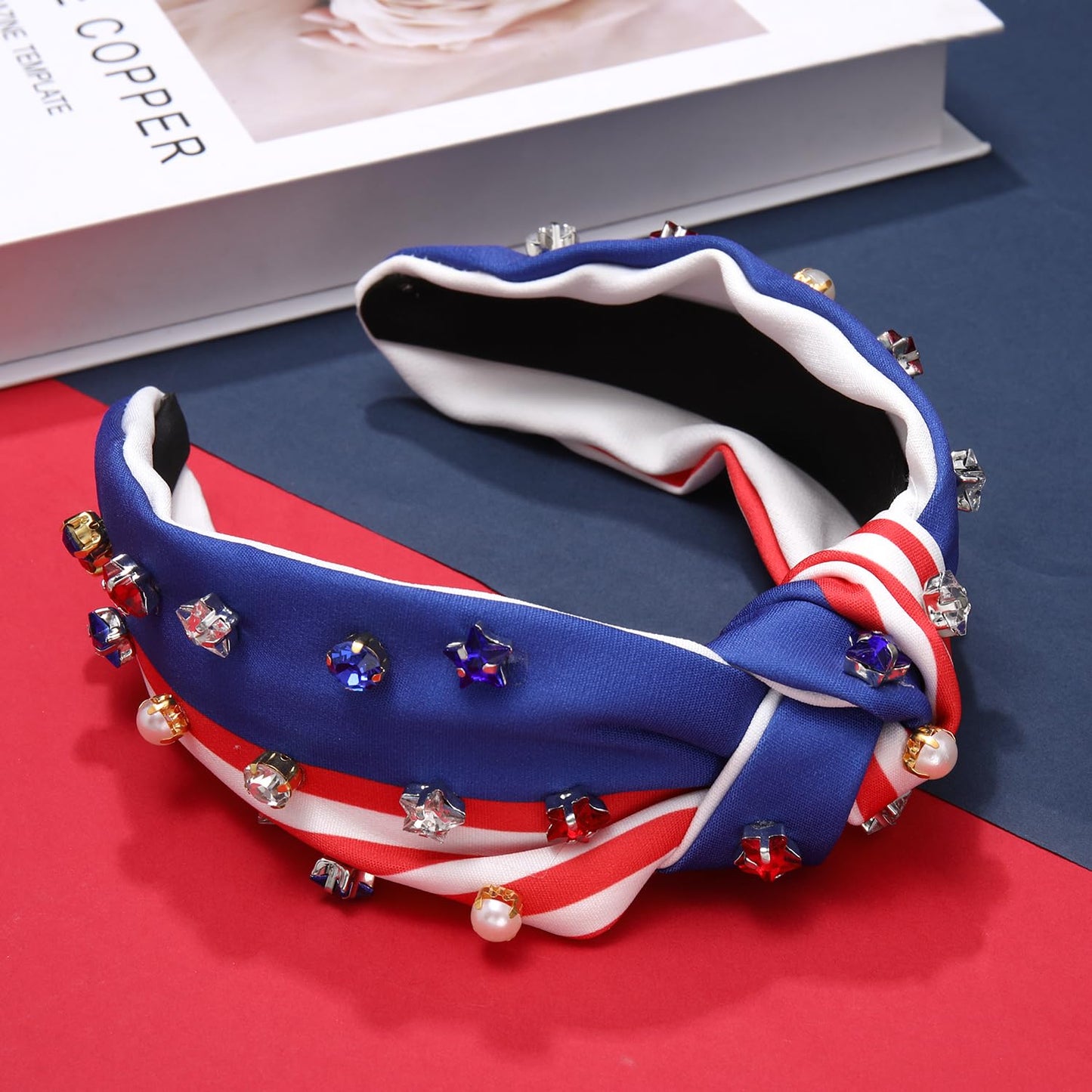 4Th of July Headbands, American Flag Star Headband Pearl Crystal Rhinestone Knot