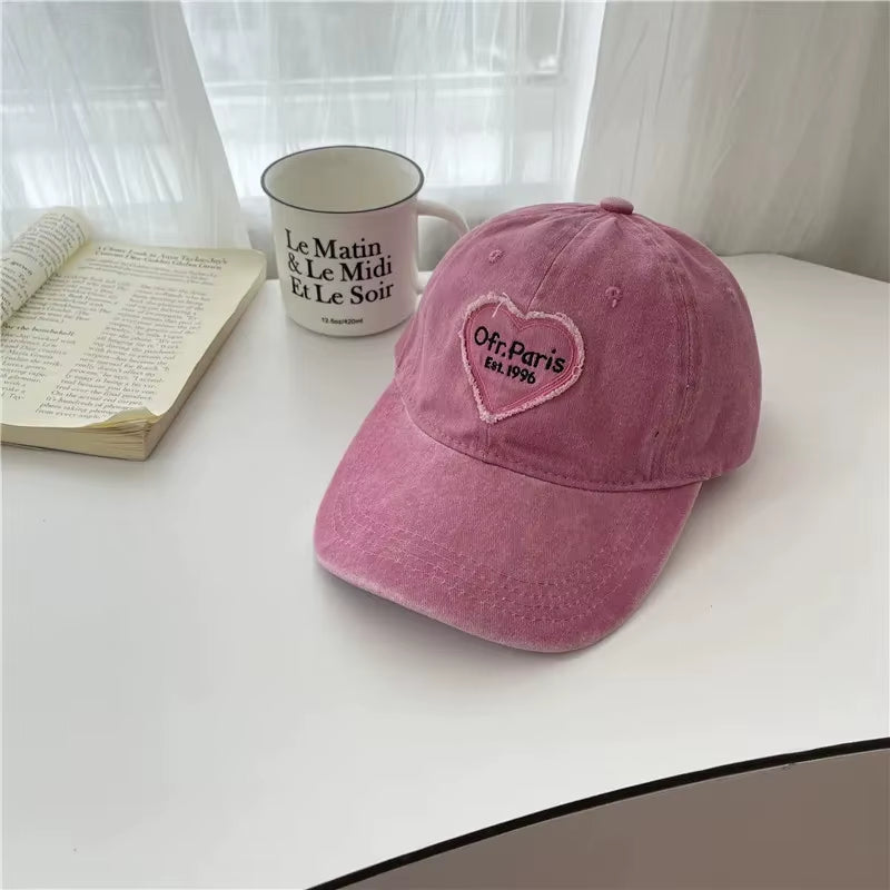 Women Baseball Cap Vintage Washed Cotton Soft Top Dad Hat Retro Y2K Pink Love Heart Letter Embroidered Snapback Caps