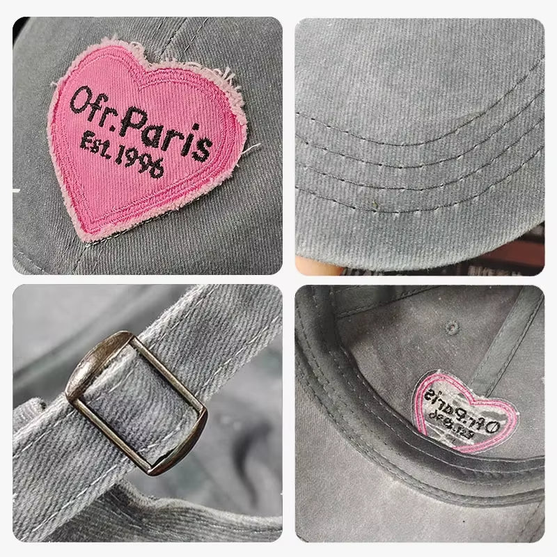 Women Baseball Cap Vintage Washed Cotton Soft Top Dad Hat Retro Y2K Pink Love Heart Letter Embroidered Snapback Caps